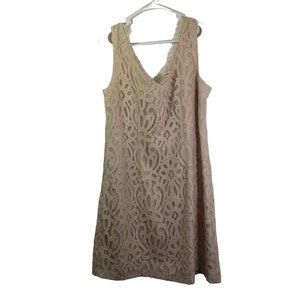 K.JORDAN Size 14 Beige Floral Shift Lace Overlay V-Neck Sleeveless Dress
